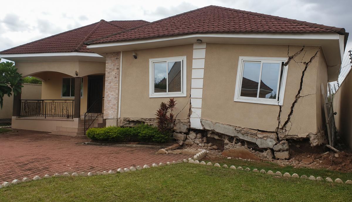 A well-built bungalow in a tidy compound showing severe foundation damage and cracked walls from weak soil