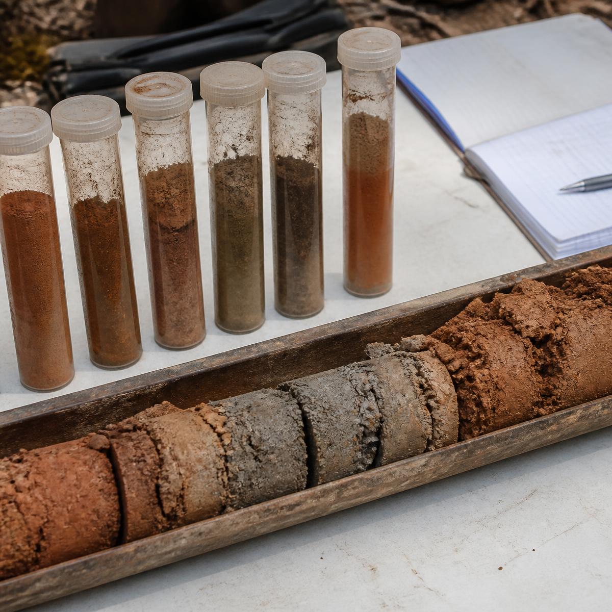 Labelled soil samples and a recovered soil core from a Lagos building site